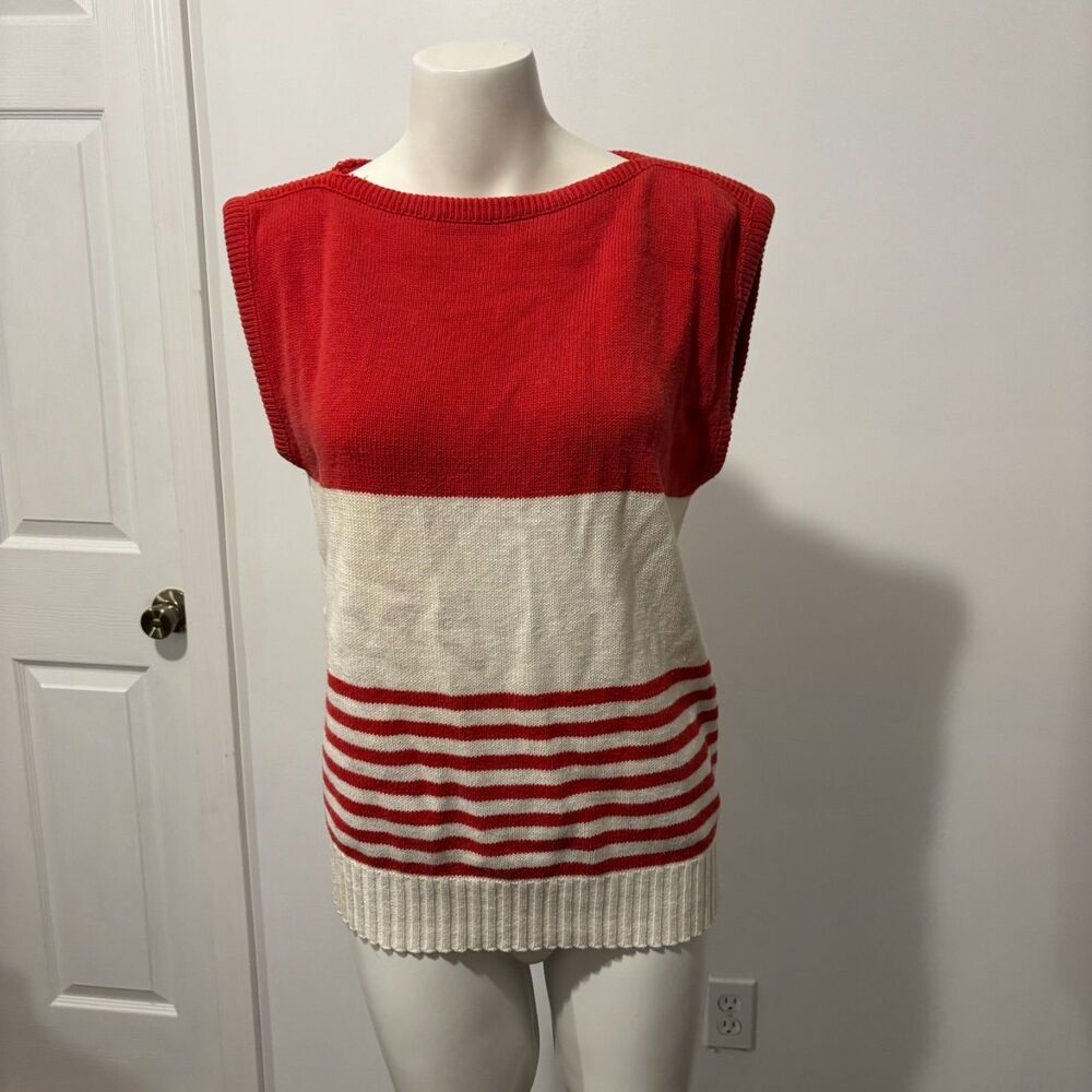 Vintage Trader Bay size Large Nautical Red and White Preppy Sweater Vest Boat